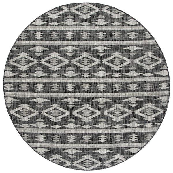 SAFAVIEH Courtyard Black/Gray 4 ft. x 4 ft. Geometric Striped Diamond Indoor/Outdoor Round Area Rug