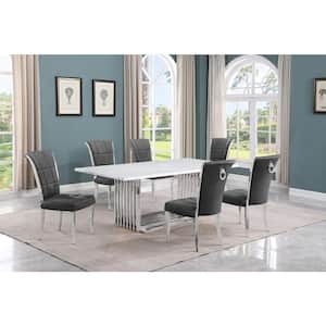 Lisa 7-Piece Rectangle White Marble Top Stainless Steel Base Dining Set With 6-Dark Grey Velvet Iron Leg Chairs