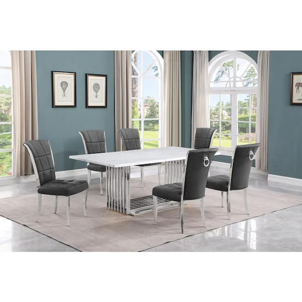 Best Quality Furniture Lisa 7-Piece Rectangle White Marble Top Stainless Steel Base Dining Set With 6-Dark Grey Velvet Iron Leg Chairs