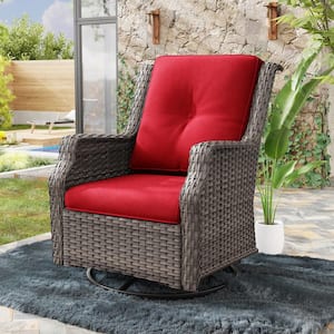 Wicker Patio Outdoor Lounge Chair Swivel Rocking Chair with Red Cushions
