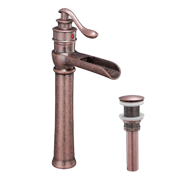 KINWELL Single Hole Single Handle Waterfall Bathroom Vessel Sink Faucet with Pop Up Drain in Copper