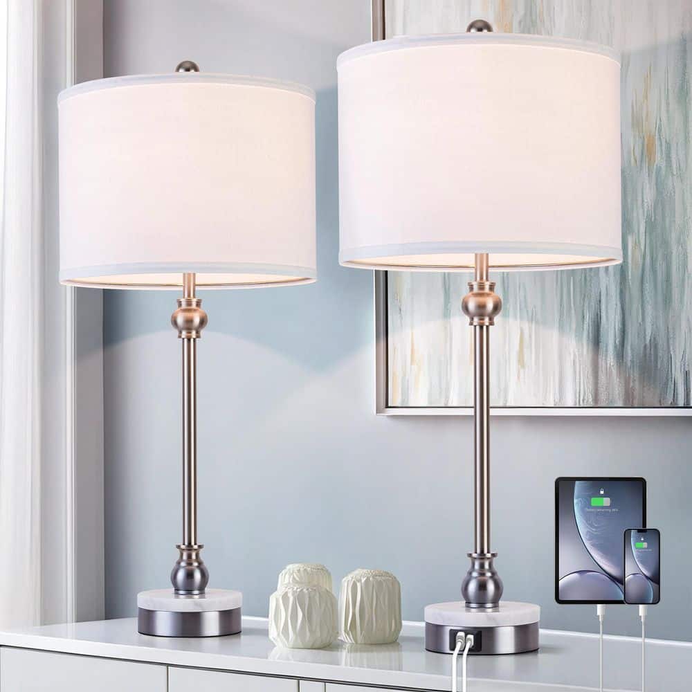 28.3 in. Silver Modern Marble Bedroom Living Room Bedside Desk Nightstand Table Lamps USB Port (Set of 2) price history on PriceWatchPro