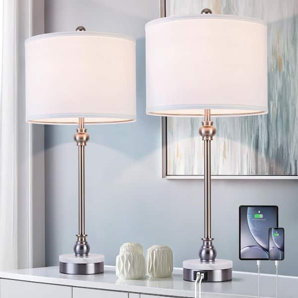 Maxax 28.3 in. Silver Modern Marble Bedroom Living Room Bedside Desk Nightstand Table Lamps USB Port (Set of 2)