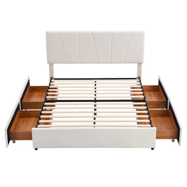 Donason Beige Wood Frame Queen Size Upholstery Platform Bed with Four Drawers on Two Sides, Adjustable Headboard
