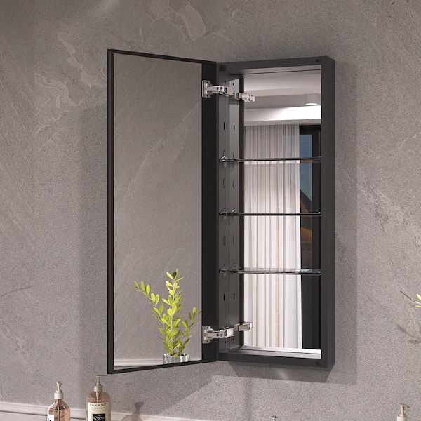 Keen 15 in. x 36 in. Framless Recessed or Surface-Mount Rectangular Aluminum Medicine Cabinet with Mirror in Matte Black
