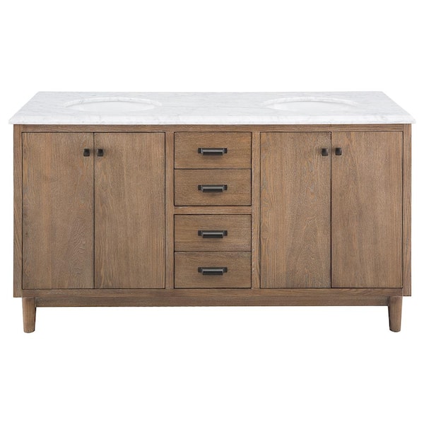 Home Decorators Collection - Brisbane 61 in. W x 22 in. D Double Bath Vanity in Weathered Grey Oak with Natural Marble Vanity Top in White