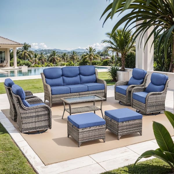 Bellefurn NovaSwivel Gray Wicker Patio Conversation Set Outdoor Seating Swivel Chair Set with 6 in. Thicked Blue Cushions