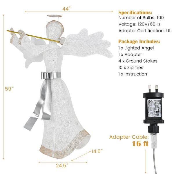 Costway 59 in. White Pre-Lit Angel Christmas Decoration
