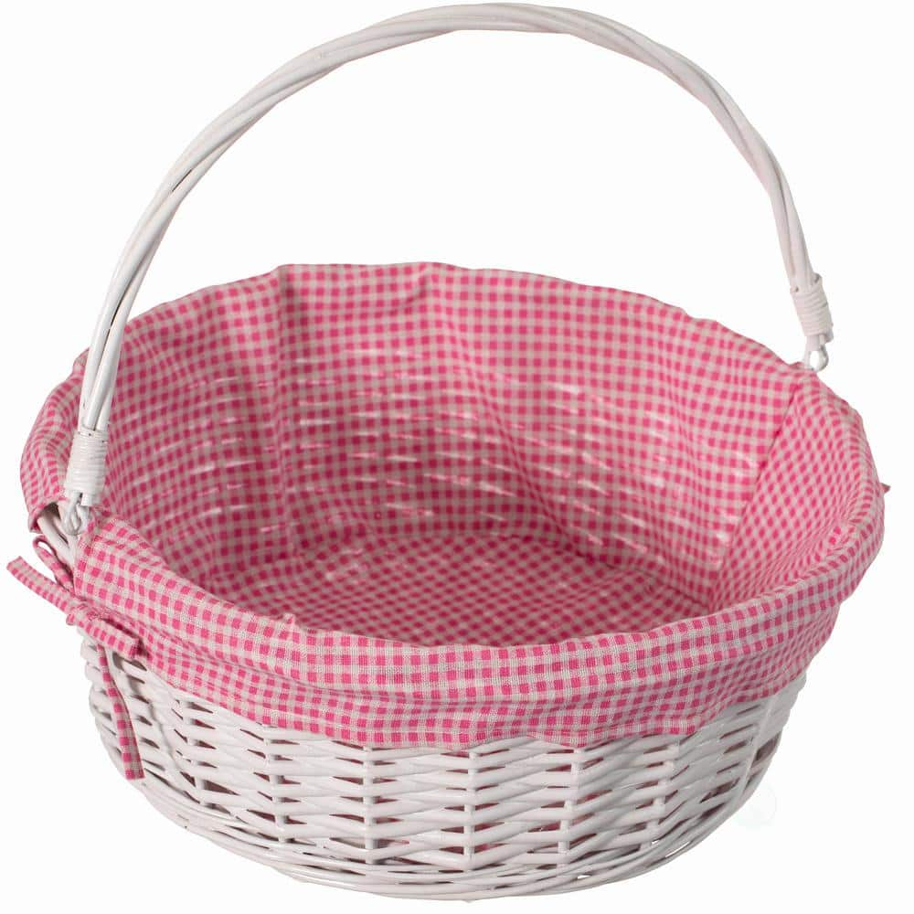 Wickerwise Traditional White Round Willow Gift Basket with Pink and White Gingham Liner and Sturdy Foldable Handles, Food Snacks Storage Basket, Large