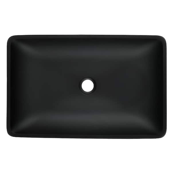 Modern Matte Black Glass Rectangular Vessel Sink with Black Faucet and Pop Up Drain Included
