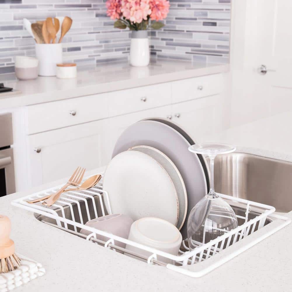 White Adjustable Over-the-Sink Metal Dish Drainer with Utensil Cup
