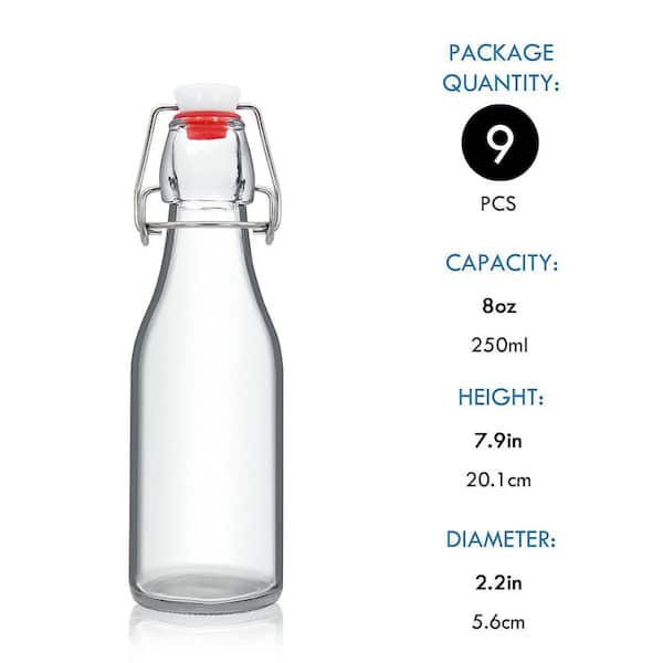 8 oz. Swing Top Bottles with Airtight Rubber Seal Flip Caps for Home Beverages, Oil, Vinegar, Water, Clear (9-Pack)