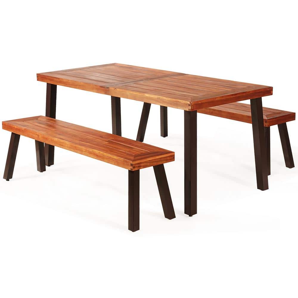 Acacia Wood and Steel 3-Piece Outdoor Picnic Table Set
