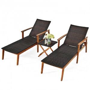 Brown 3-Pieces Wood Frame Rattan Patio Lounge Chaise with Folding Table