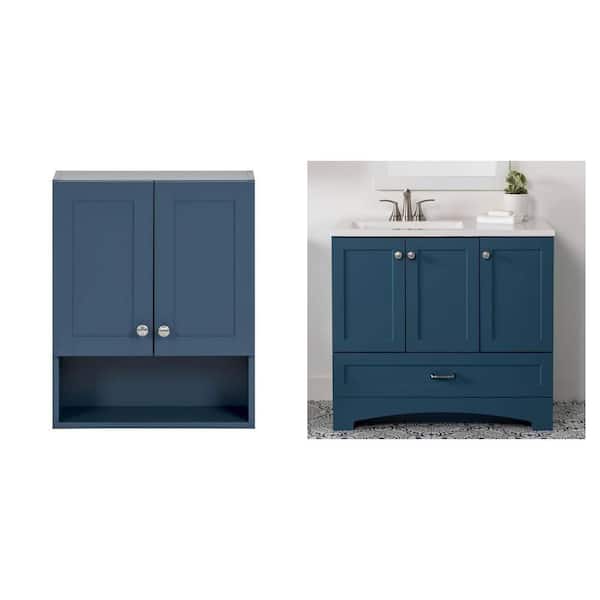 Lancaster Admiral Blue Wall Cabinet 21 in. x 8 in. x 26 in. 37 in. Single Sink Bath Vanity White Marble Top Combo