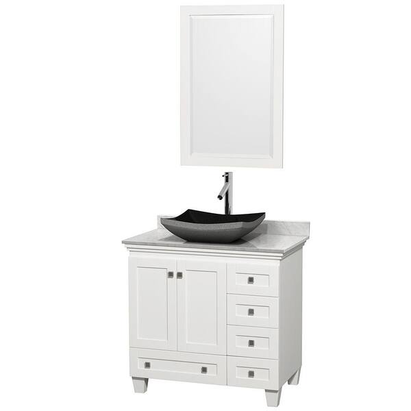 Wyndham Collection Acclaim 36 in. W Vanity in White with Marble Vanity Top in Carrara White, Black Granite Sink and Mirror