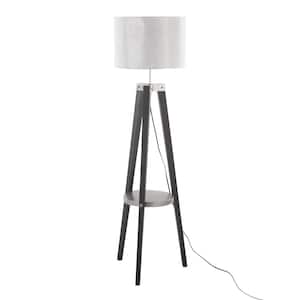 Compass 58 .5 in. Black Wood, Silver Metal & Grey Linen Floor Lamp with Shelf