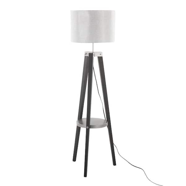 Lumisource Compass 58 .5 in. Black Wood, Silver Metal & Grey Linen Floor Lamp with Shelf