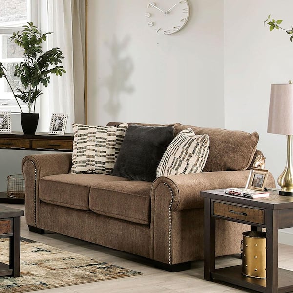 Furniture of America Embudito 75 in. Brown Chenille 2-Seater Loveseat with Nailhead Trim and Care Kit