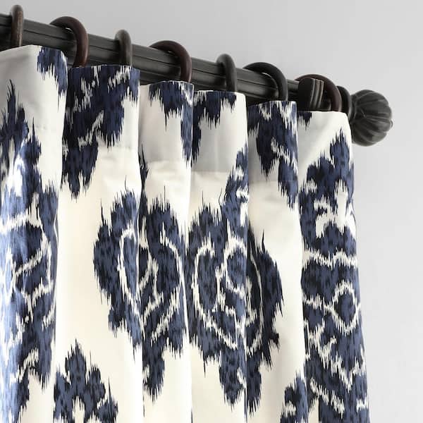 Ikat Blue Printed Room Darkening Curtain - 50 in. W x 84 in. L Rod Pocket with Back Tab Single Window Panel