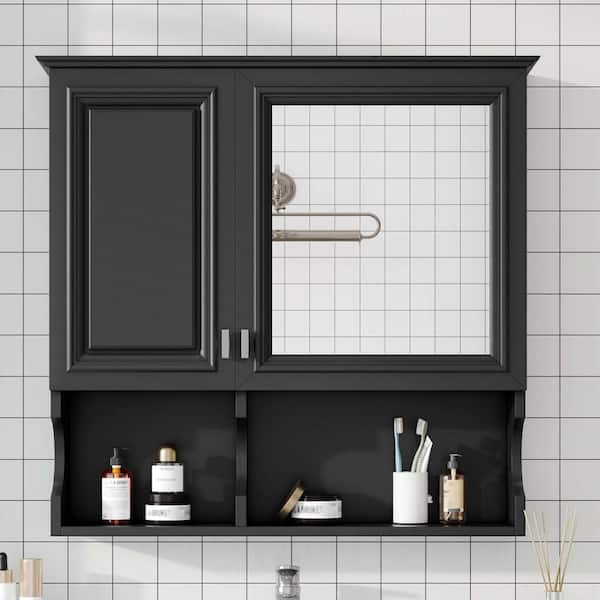 30 in. W x 28.7 in. H Wood Rectangular Medicine Cabinet with Mirror, Open Storage & Adjustable Shelves, Black