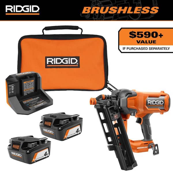 DO NOT SELL 18V (2) 4.0 Ah Batteries and Charger Kit with 18V Brushless Cordless 21° Framing Nailer RIDGID