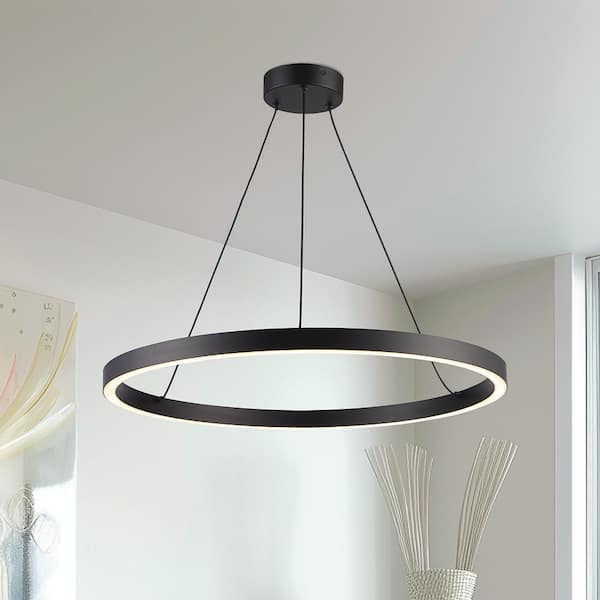 24 in. Integrated LED Black Circular Ring Pendant Light Fixture