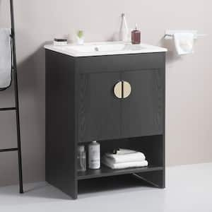 24 in. W x 18 in. D x 32 in. H Single Sink Freestanding Bath Vanity in Black with White Ceramic Top, Open Shelves