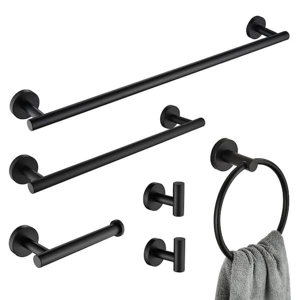 6-Piece Bath Hardware Set with 23.6 in. Towel Rack, Towel Ring, Towel Hook, Toilet Paper Holder in Matte Black
