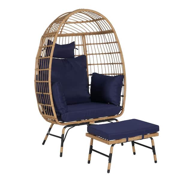2-Piece Set Oversized Brown Wicker Large Egg Chairs with Ottoman, Dark Blue Thick Cushions for Porch, Backyard, Balcony