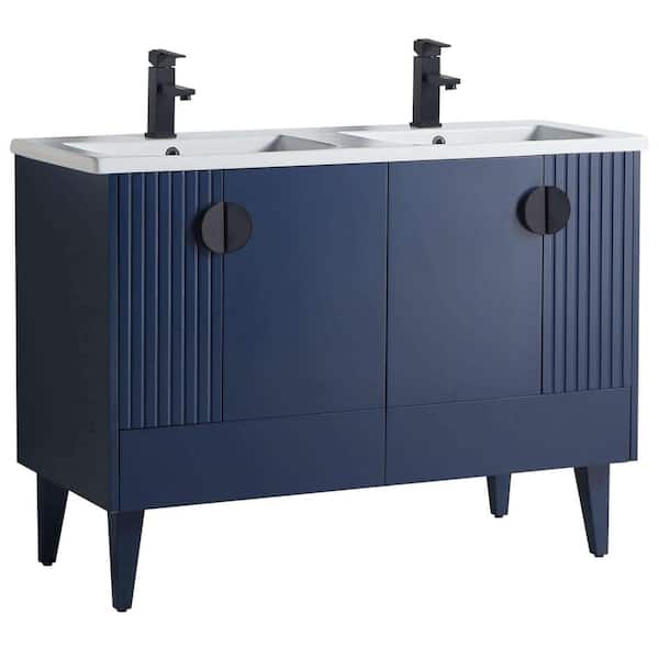 FINE FIXTURES Venezian 48 in. W x 18.11 in. D x 33 in. H Bathroom Vanity Side Cabinet in Navy Blue with White Ceramic Top