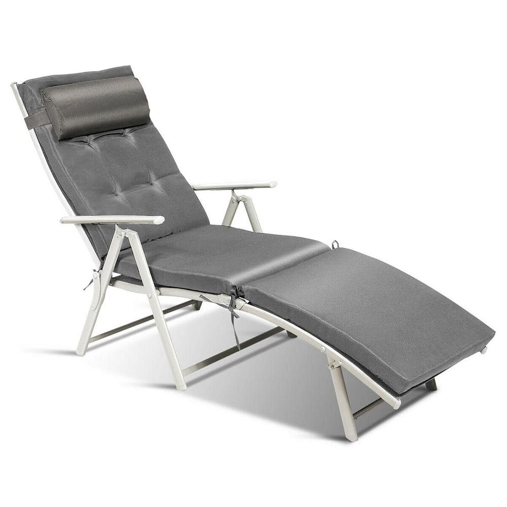 Costway Adjustable Height Chaise Fabric Outdoor Lounge Chair with Gray Cushions GHM0613 Sansujyuku sansujyuku.com