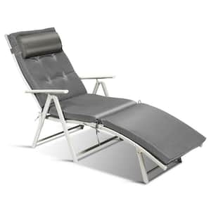 Adjustable Height Chaise Fabric Outdoor Lounge Chair with Gray Cushions
