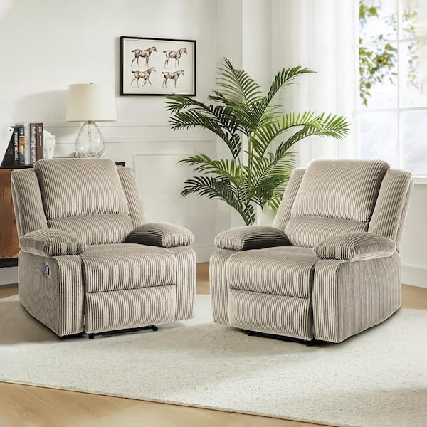 Luxury Oatmeal Corduroy Fabric Upholstered Recliner Chair with Adjustable Backrest and Footrests (Set of 2)