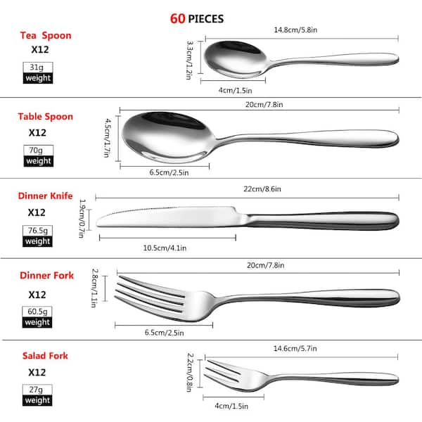 60 PCS Stainless Steel Silverware Flatware Set Kitchen Cutlery Service for 12 