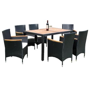 Black 7-Piece Wicker Outdoor Dining Set Patio Dining Chairs with White Cushion, Acacia Wood Table Top