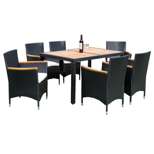 Anvil Black 7-Piece Wicker Outdoor Dining Set Patio Dining Chairs with White Cushion, Acacia Wood Table Top