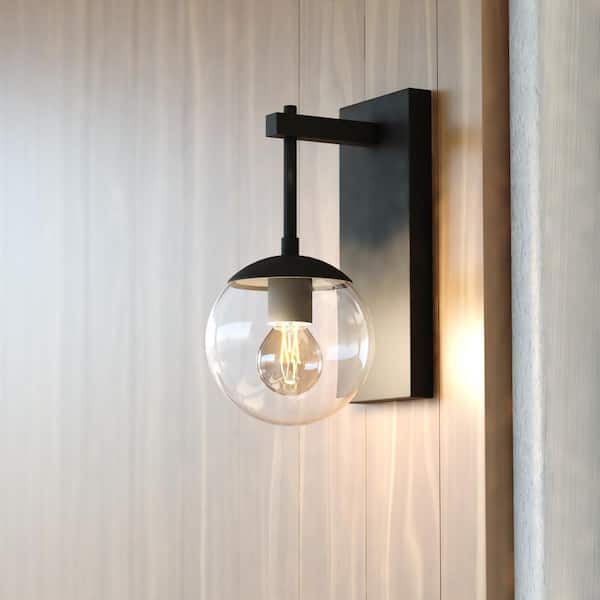 VAXCEL Keeler 1-Light Matte Black Indoor Outdoor Hardwired Wall Sconce Clear Glass Globe Shade, LED Compatible