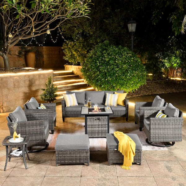 OVIOS New Vultures Gray 9-Piece Wicker Patio Firepit Conversation Seating Set Dark Gray Cushions and Swivel Rocking Chairs