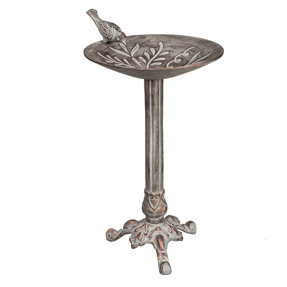 Evergreen Metal Birdbath with Embossed Vines and Perched Bird with