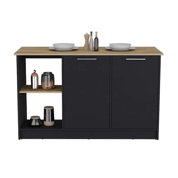 Black Wood 59.0 in. Kitchen Island with Open Storage Shelves and Double Door Cabinet