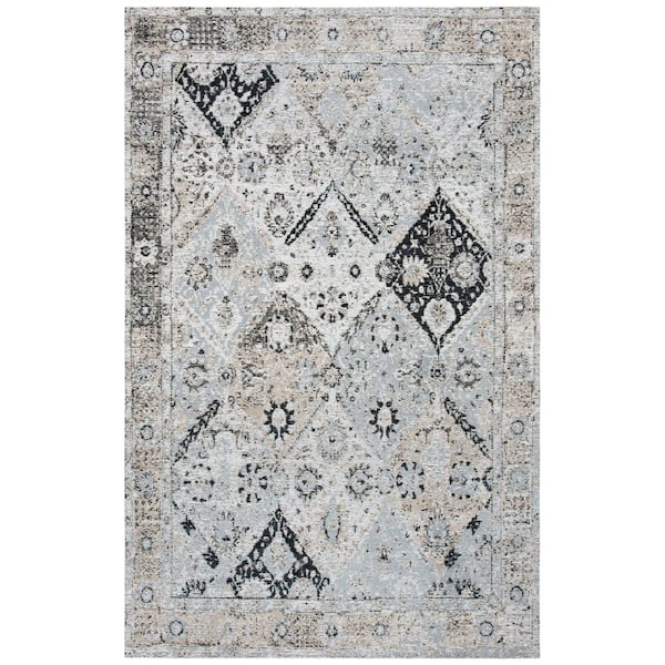 Classic Vintage 5 ft. x 8 ft. Ivory/Silver Distressed Diamond Border Area Rug