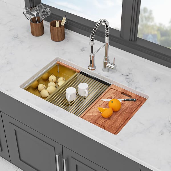 33 in. Undermount Double Bowl (50/50) White Quartz Kitchen Sink with Workstation