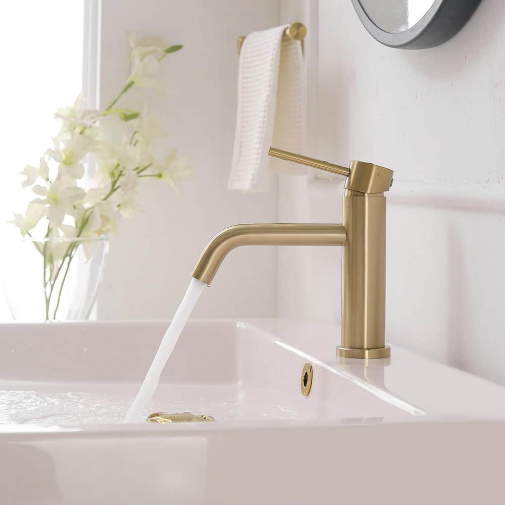 Brushed Gold Single Handle Low-Arc Bathroom Faucet with Drain