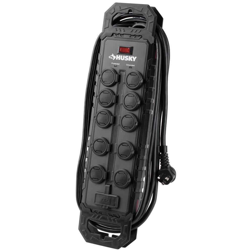 10 ft. 14/3 Heavy Duty 10-Outlet 4200 Joule Surge Protector with USB-A and 