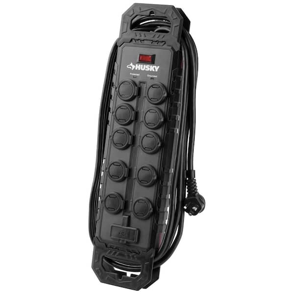 10 ft. 14/3 Heavy Duty 10-Outlet 4200 Joule Surge Protector with USB-A and USB-C ports, Black