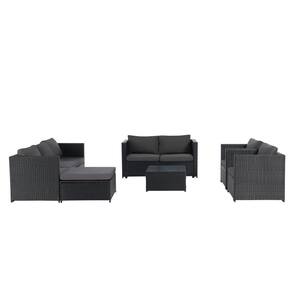 6-Piece Black Rattan Wicker Outdoor Sectional Sofa Set with Deep Gray pp Cushions, Ottoman for Porch, Backyard