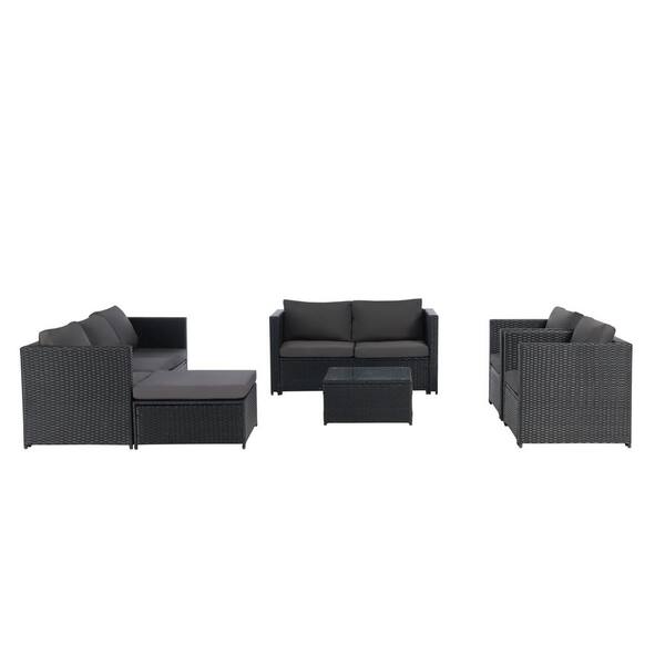 Zeus & Ruta 6-Piece Black Rattan Wicker Outdoor Sectional Sofa Set with Deep Gray pp Cushions, Ottoman for Porch, Backyard