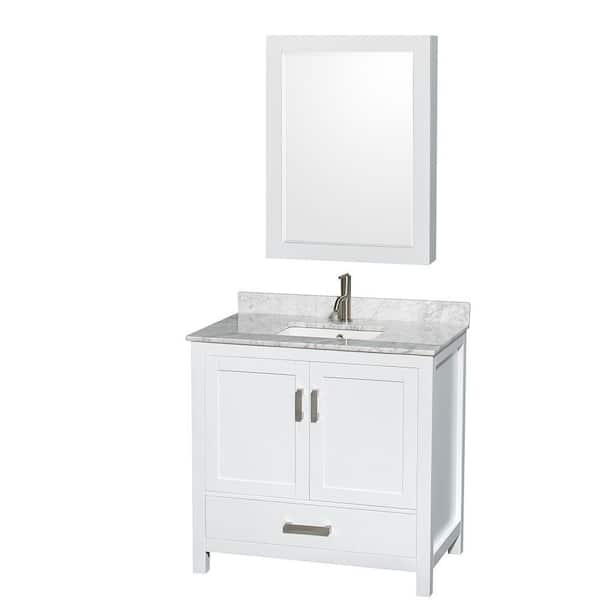 Wyndham Collection Sheffield 36 in. W x 22 in. D x 35 in. H Single Bath Vanity in White with White Carrara Marble Top and MC Mirror