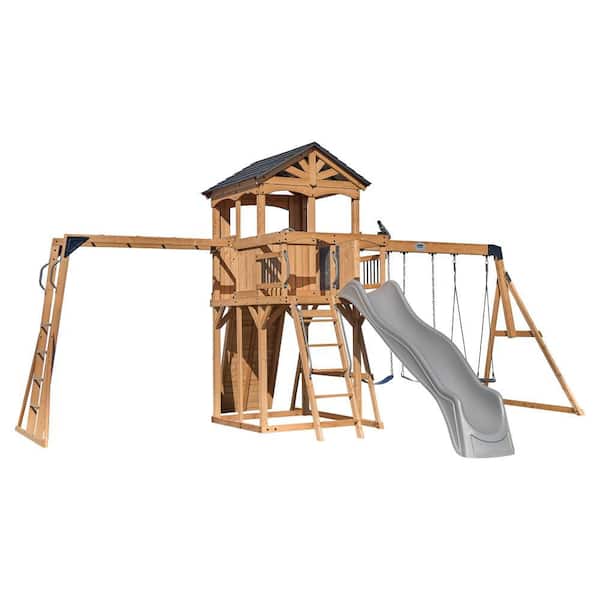 Dover Bay Spruce Wood Outdoor Swing Set Playset with Wave Slide, Clubhouse, Monkey Bars, and Rock Wall